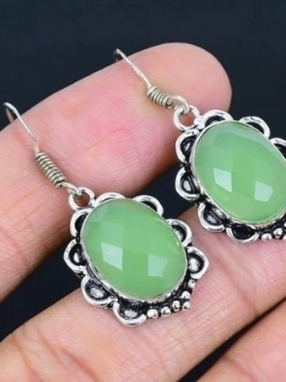 Green Stone Dangle Earrings - Silver-Tone Floral Frame